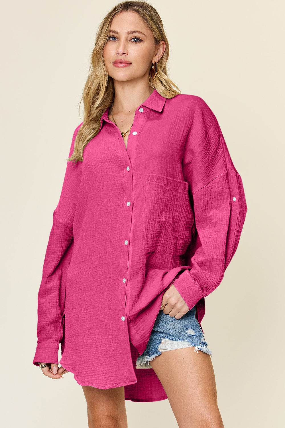 Double Take Full Size Pocketed Texture Button Up Shirt - DaTrendStore.Com