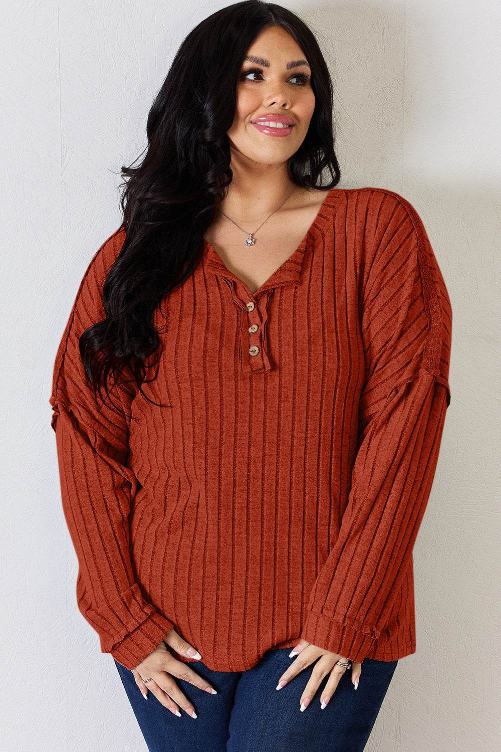 Basic Bae Full Size Ribbed Half Button Long Sleeve T-Shirt - DaTrendStore.Com