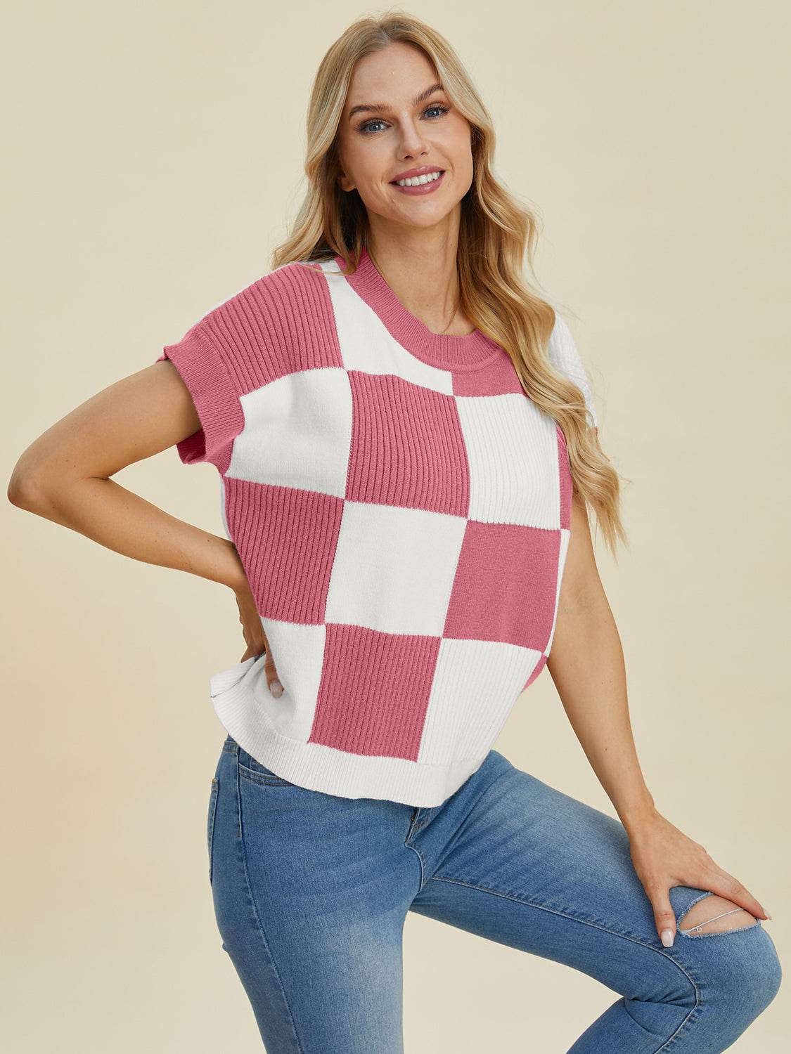Double Take Full Size Checkered Round Neck Short Sleeve Sweater - DaTrendStore.Com