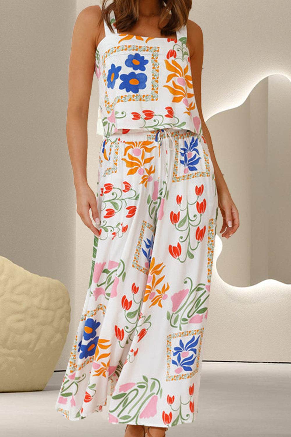 Printed Square Neck Top and Pants Set - DaTrendStore.Com