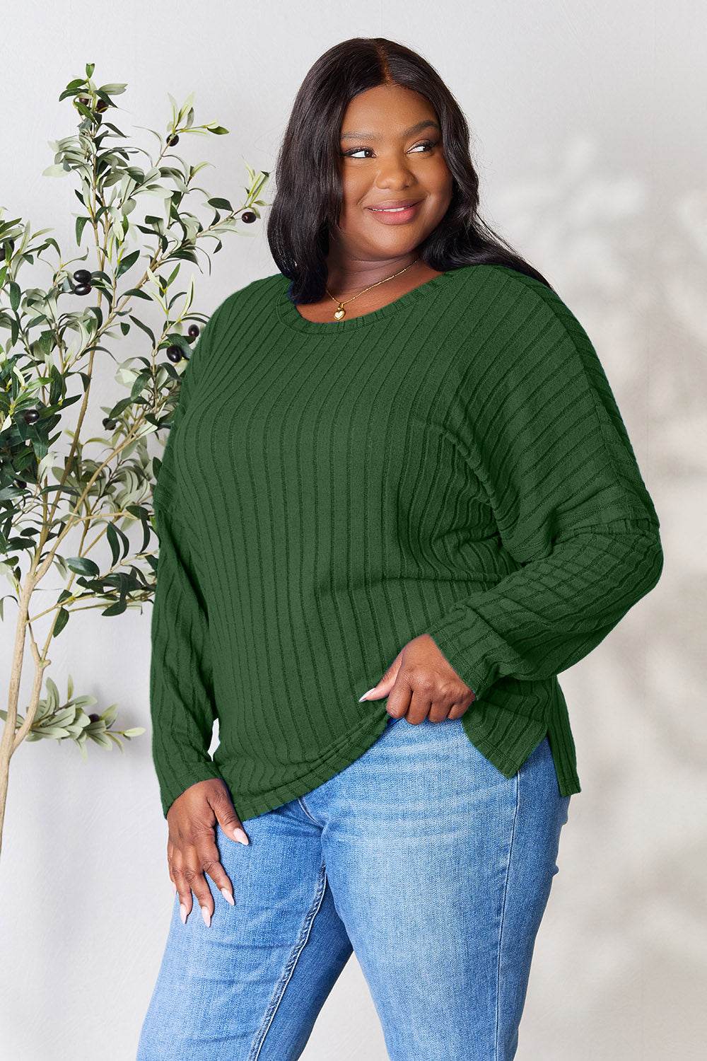 Basic Bae Full Size Ribbed Round Neck Slit Knit Top - DaTrendStore.Com