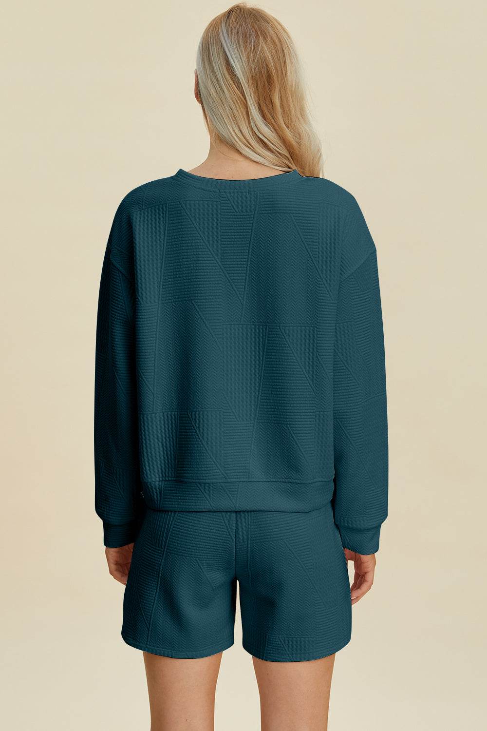 Double Take Full Size Texture Round Neck Long Sleeve Top and Shorts Set - DaTrendStore.Com