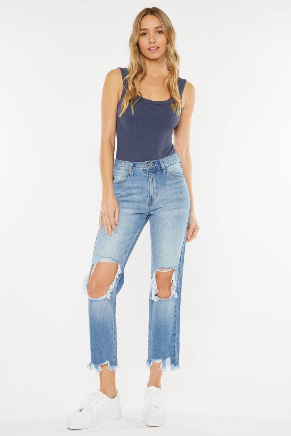 Kancan High Waist Chewed Up Straight Mom Jeans - DaTrendStore.Com