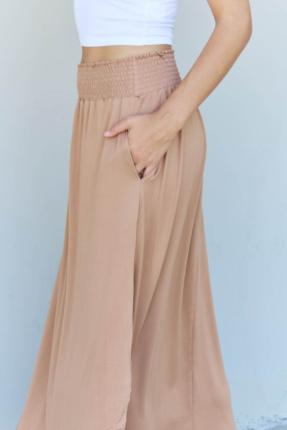 Doublju Comfort Princess Full Size High Waist Scoop Hem Maxi Skirt in Tan - DaTrendStore.Com