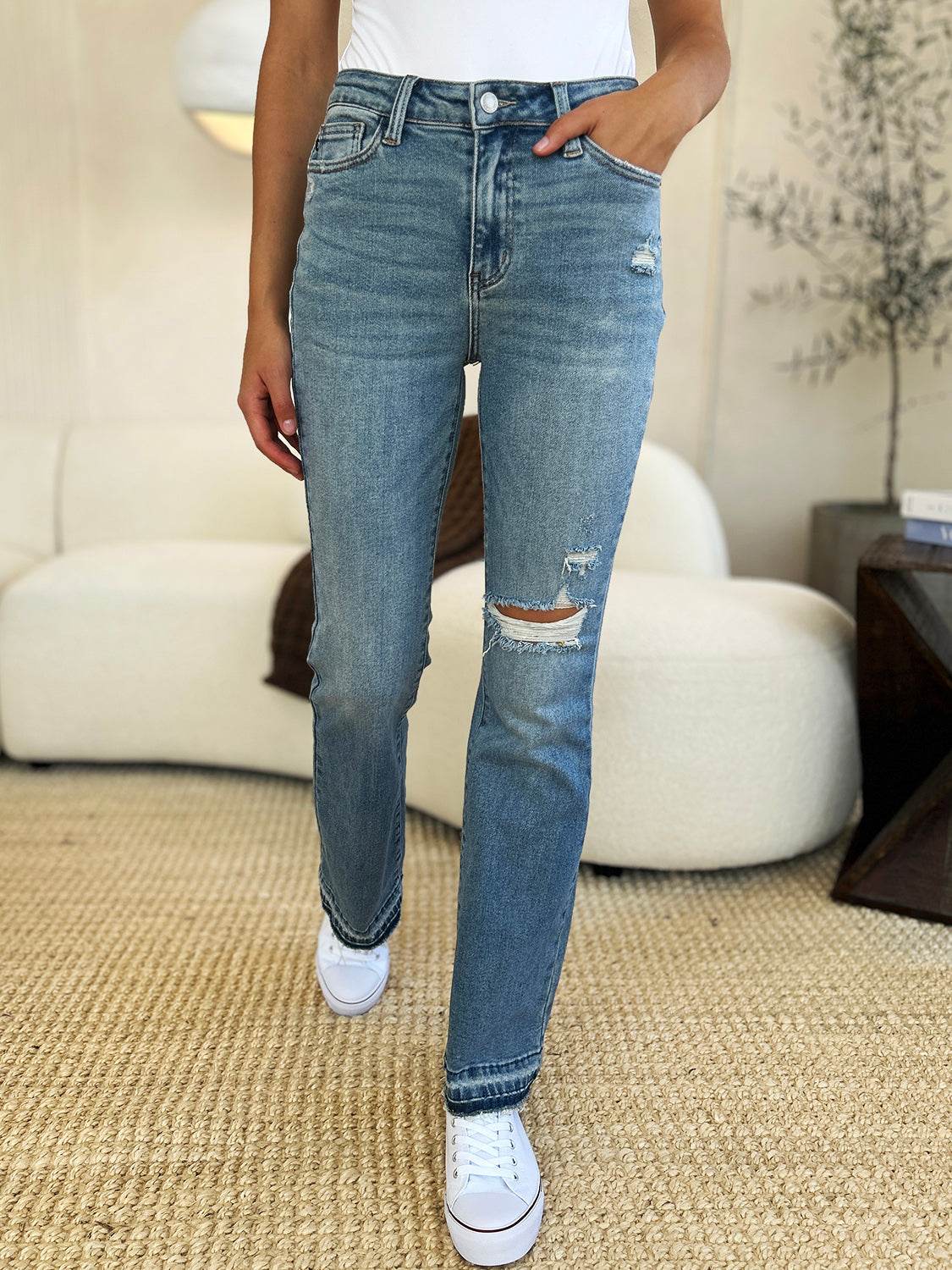 Judy Blue Full Size Mid Rise Destroyed Hem Distressed Jeans - DaTrendStore.Com