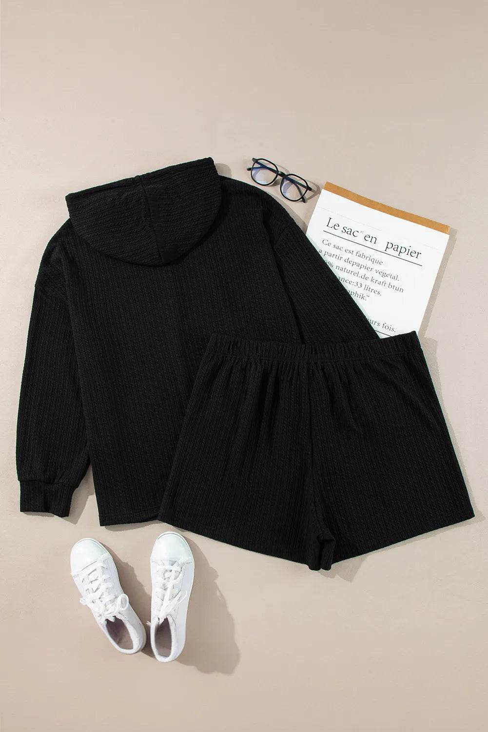 Plus Size Drawstring Dropped Shoulder Hoodie and Shorts Set - DaTrendStore.Com