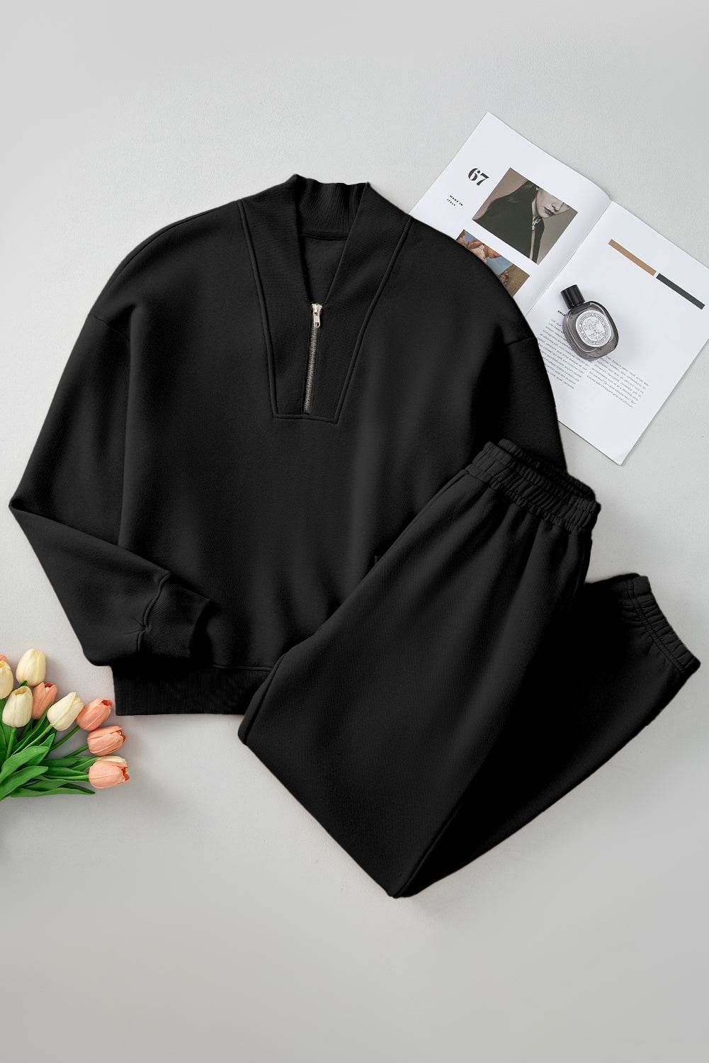 Quarter Zip Long Sleeve Top and Pants Set - DaTrendStore.Com