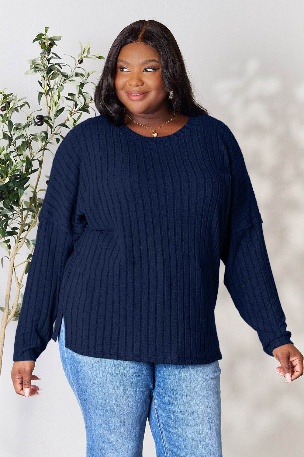 Basic Bae Full Size Ribbed Round Neck Slit Knit Top - DaTrendStore.Com