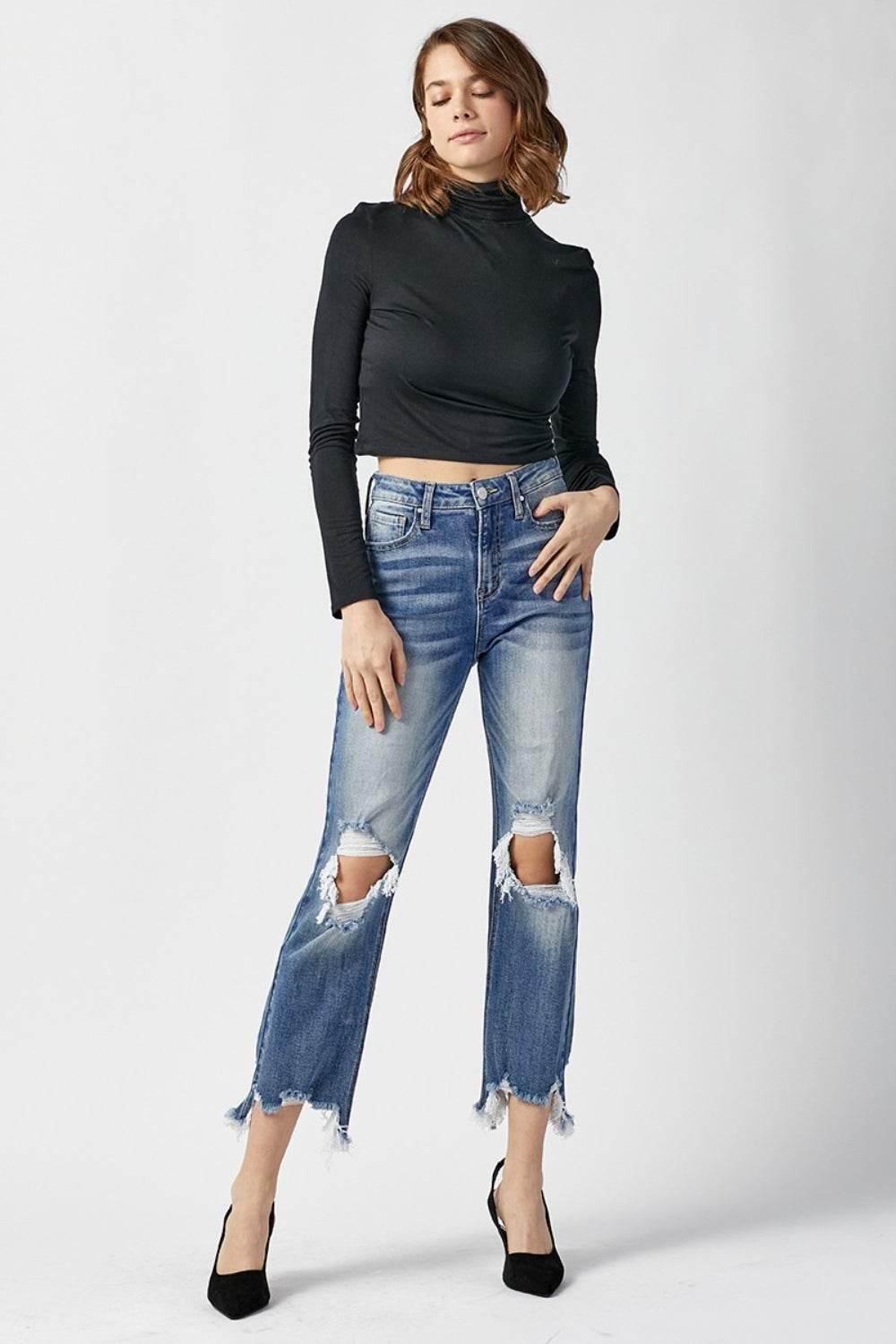 RISEN High Waist Distressed Frayed Hem Cropped Straight Jeans - DaTrendStore.Com