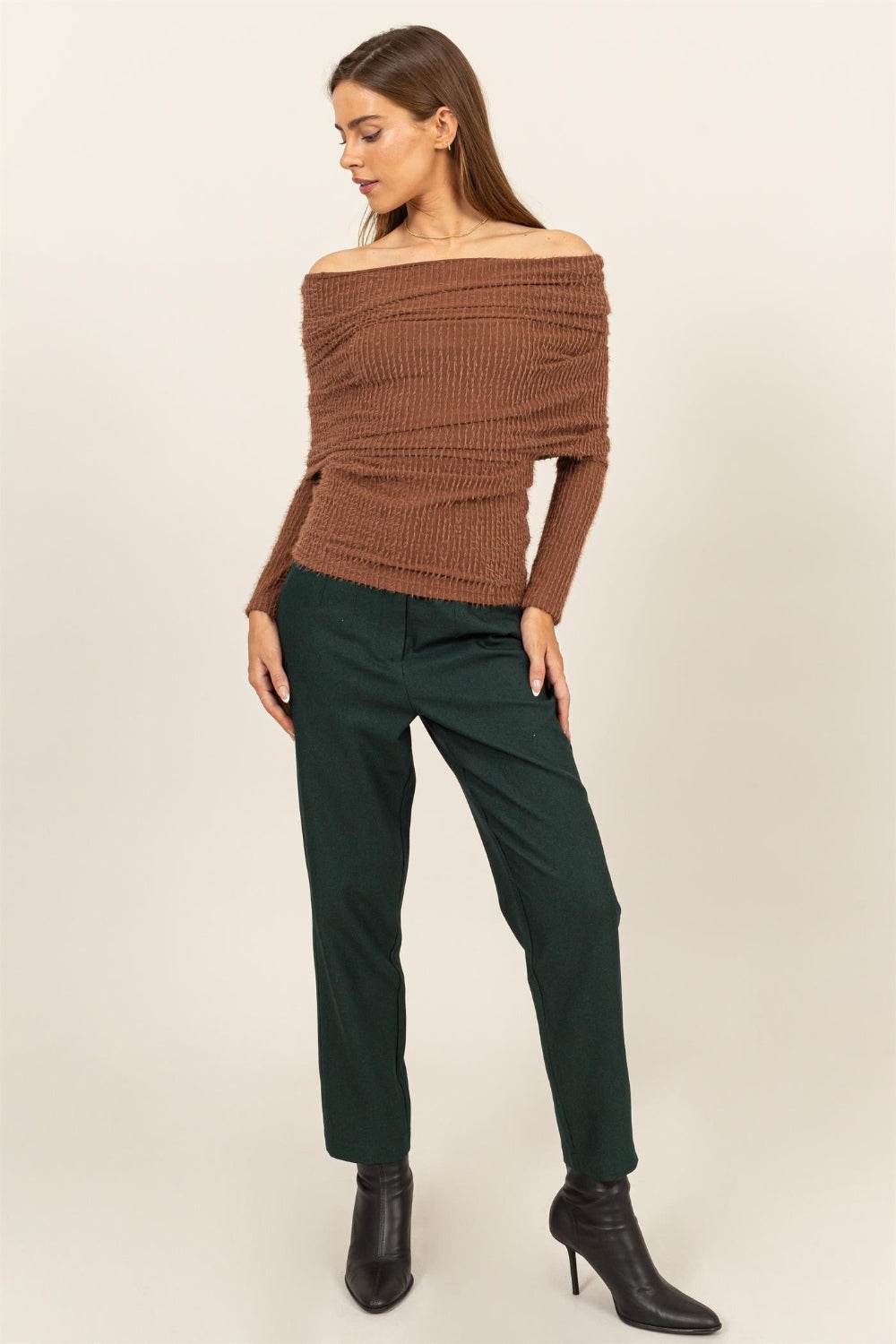 HYFVE Fuzzy Off Shoulder Textured Knit Top - DaTrendStore.Com