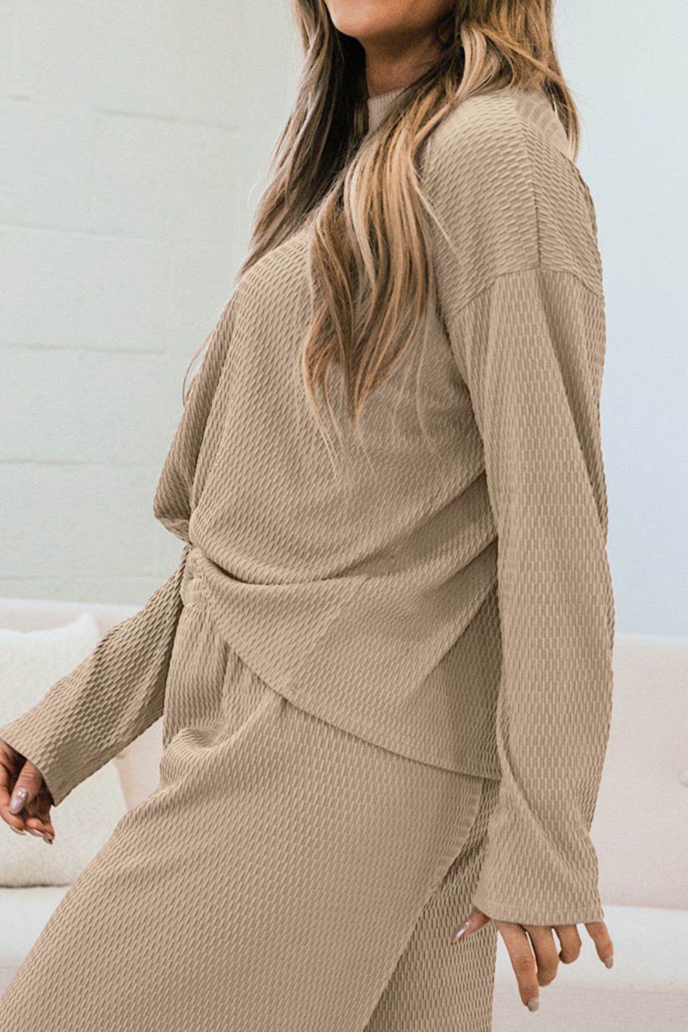 Round Neck Dropped Shoulder Top and Pants Set - DaTrendStore.Com