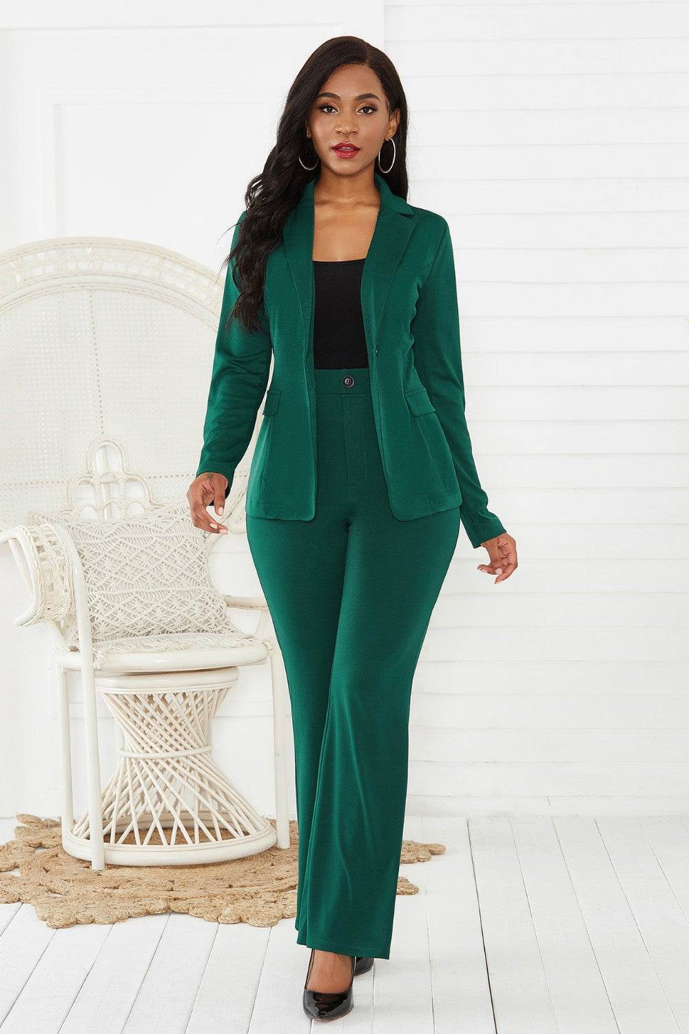 Lapel Collar Long Sleeve Blazer and Pants Set - DaTrendStore.Com