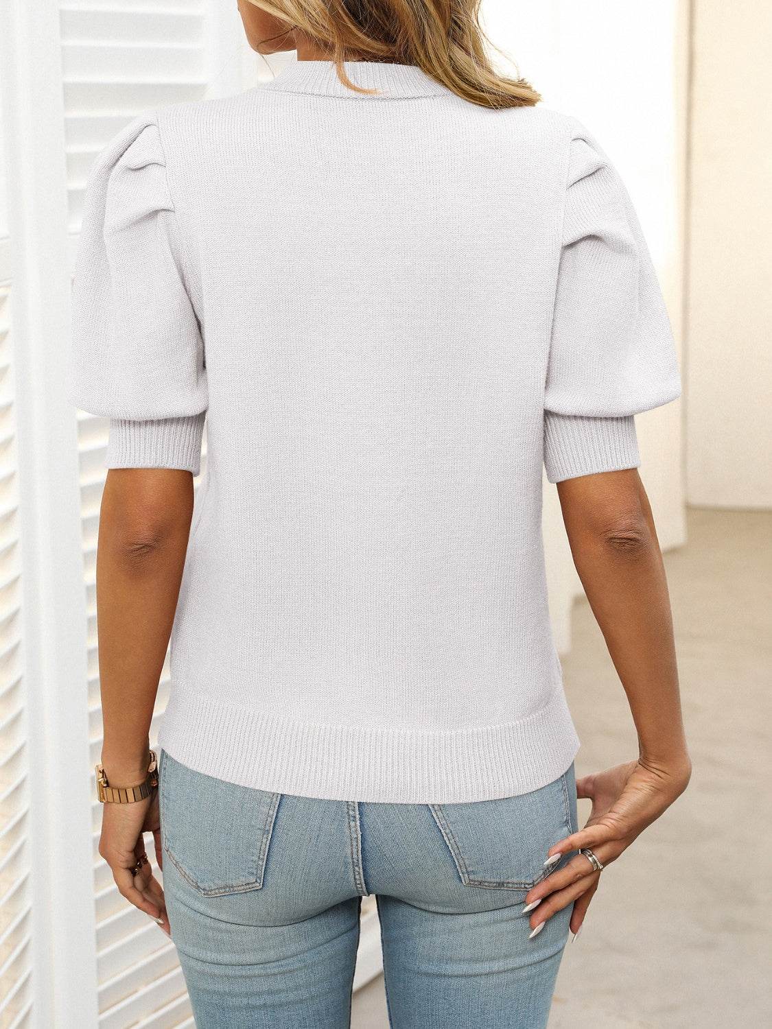 Mandy Mock Neck Puff Sleeve Sweater - DaTrendStore.Com