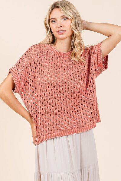 Mittoshop Mineral Wash Openwork Short Sleeve Knit Cover Up - DaTrendStore.Com