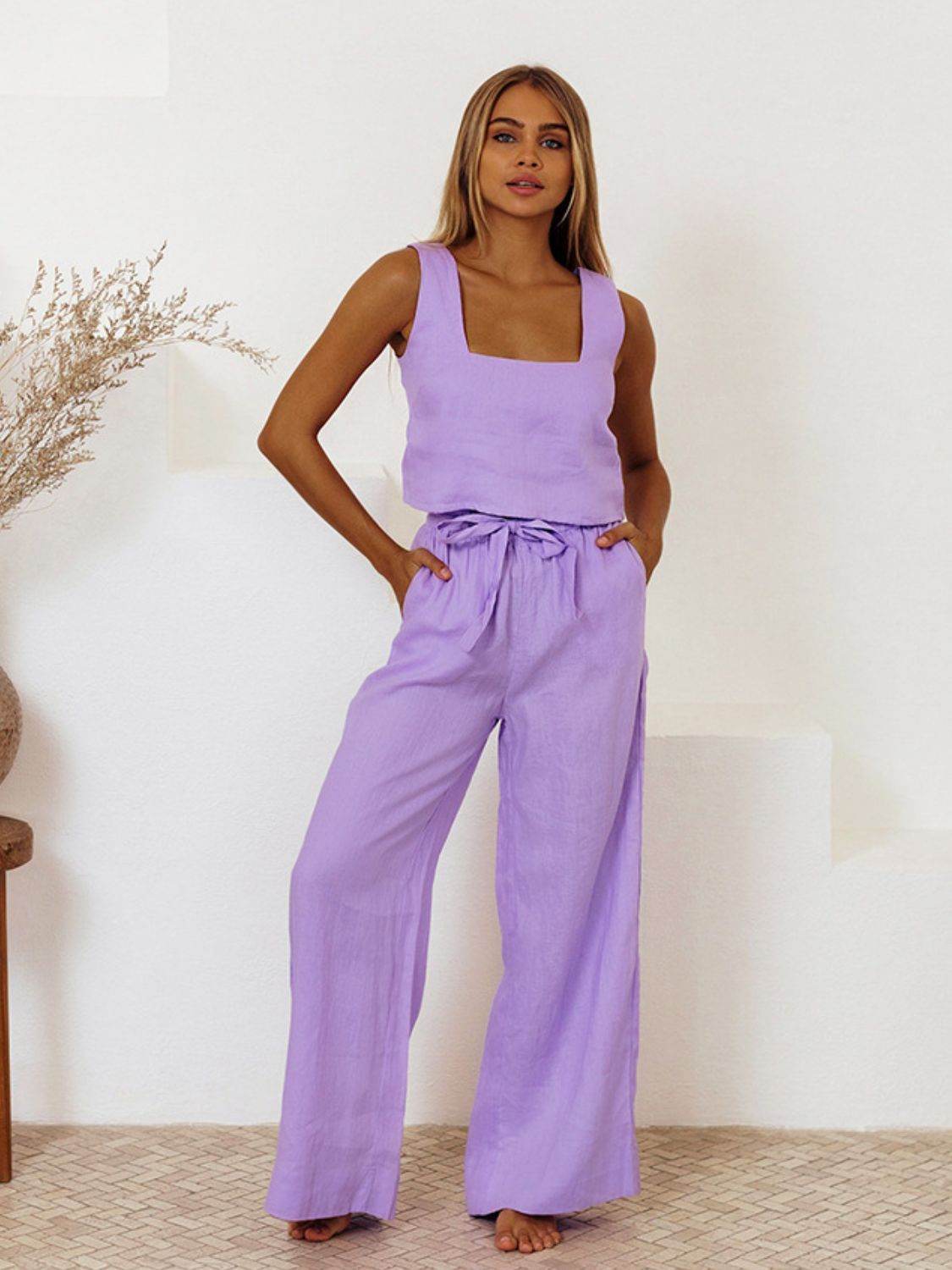 Square Neck Sleeveless Top and Pants Set - DaTrendStore.Com