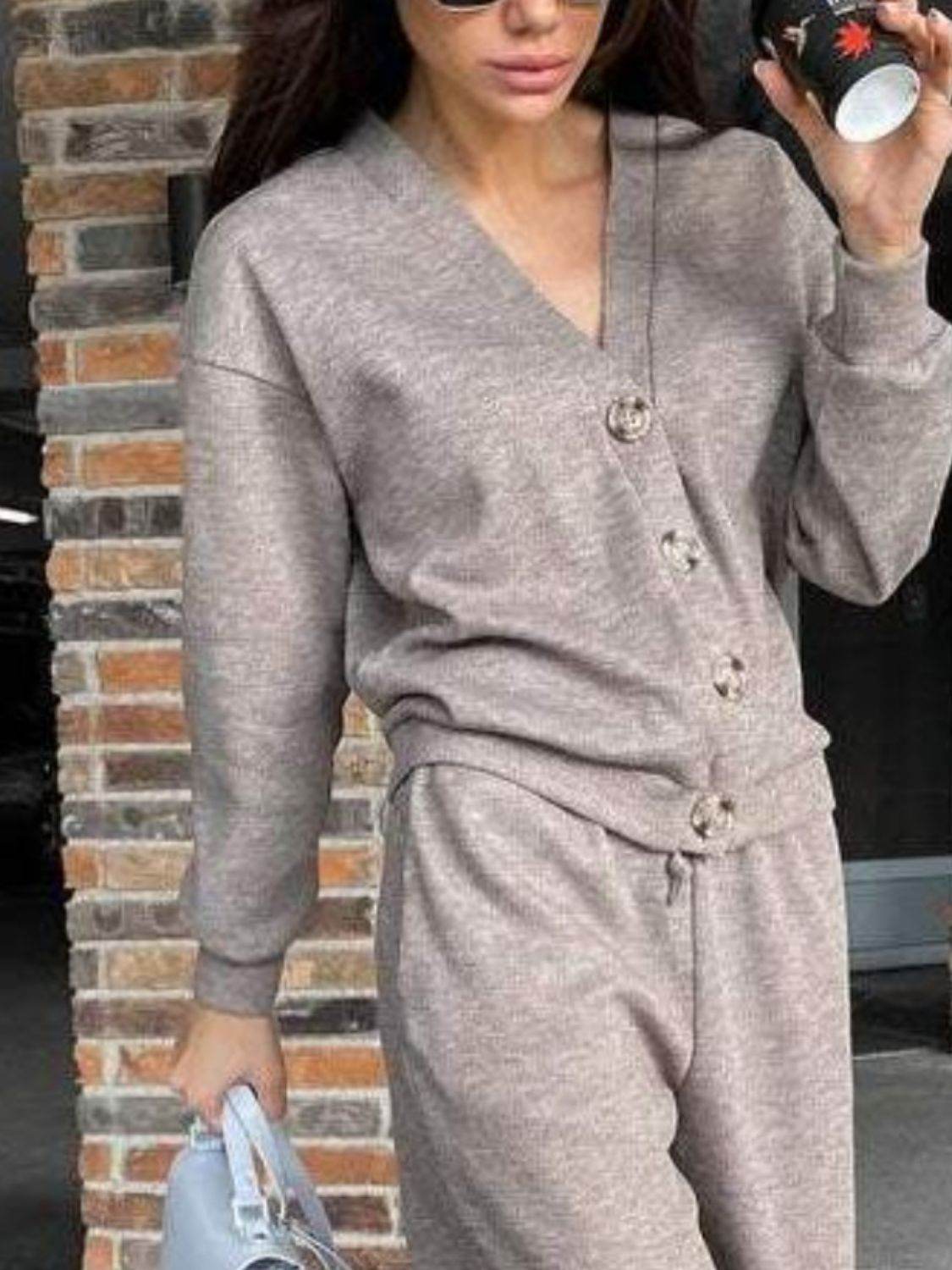 Full Size Button Up Long Sleeve Top and Pants Set - DaTrendStore.Com