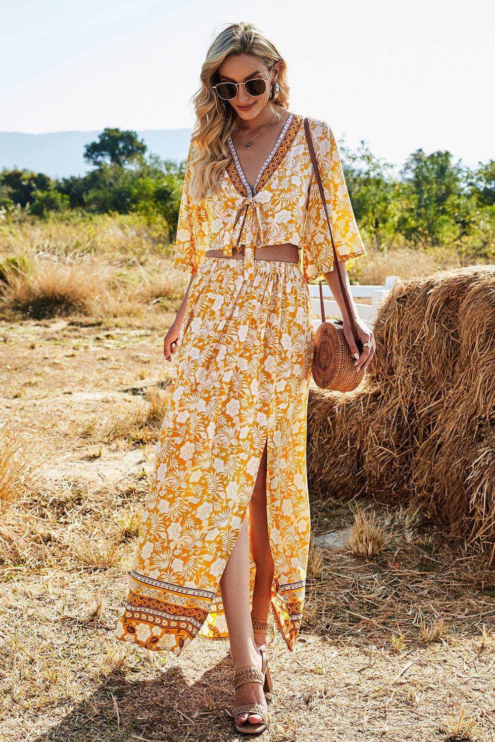 Printed Half Sleeve Top and Slit Skirt Set - DaTrendStore.Com