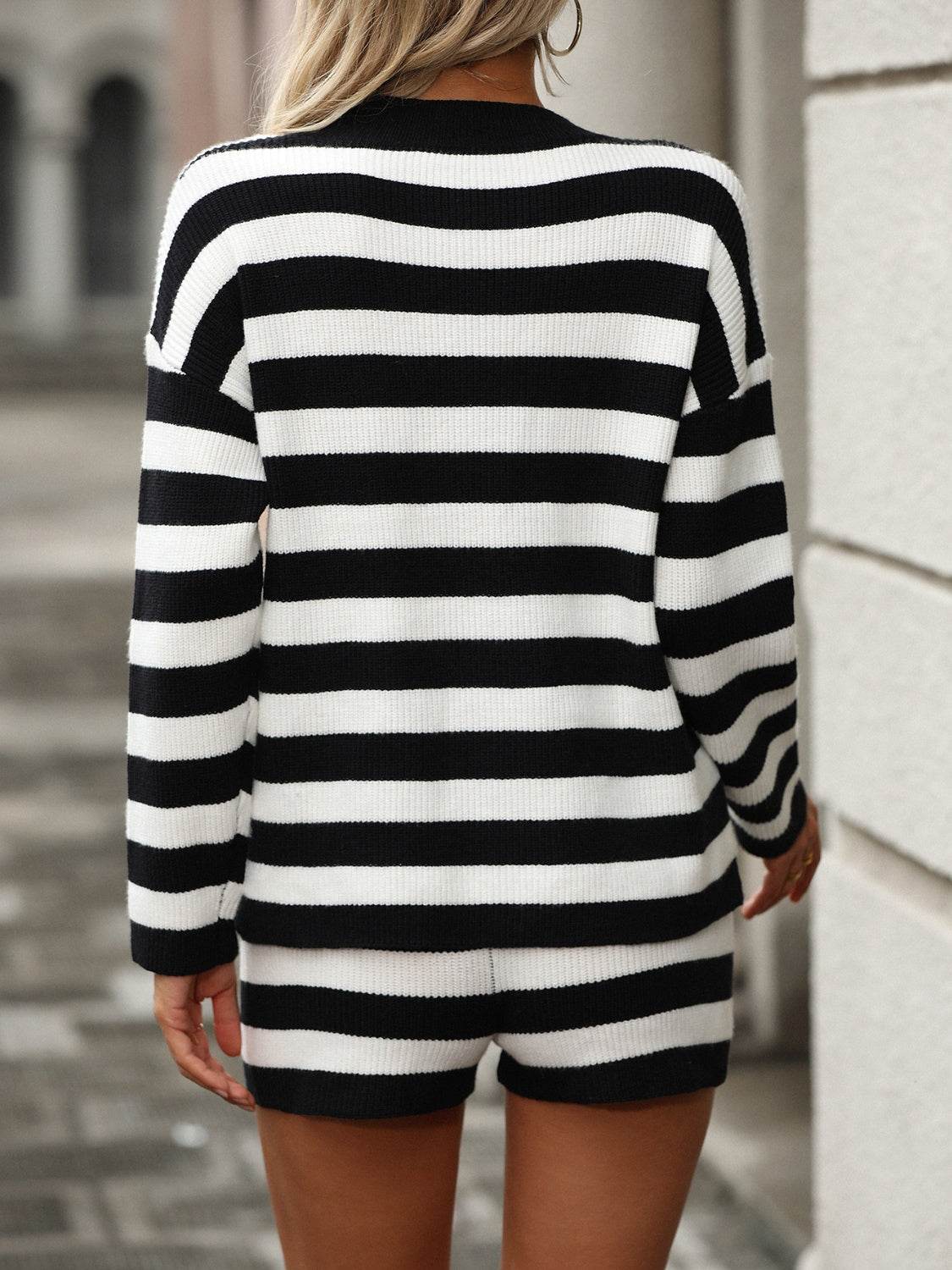 Striped Round Neck Top and Shorts Sweater Set - DaTrendStore.Com