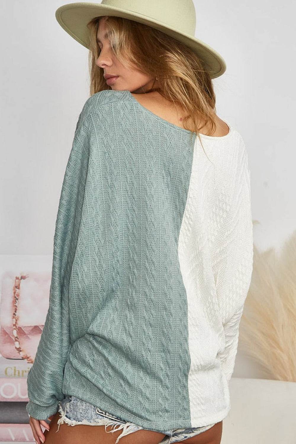 BiBi Twist Front Contrast Cable Knit Top - DaTrendStore.Com