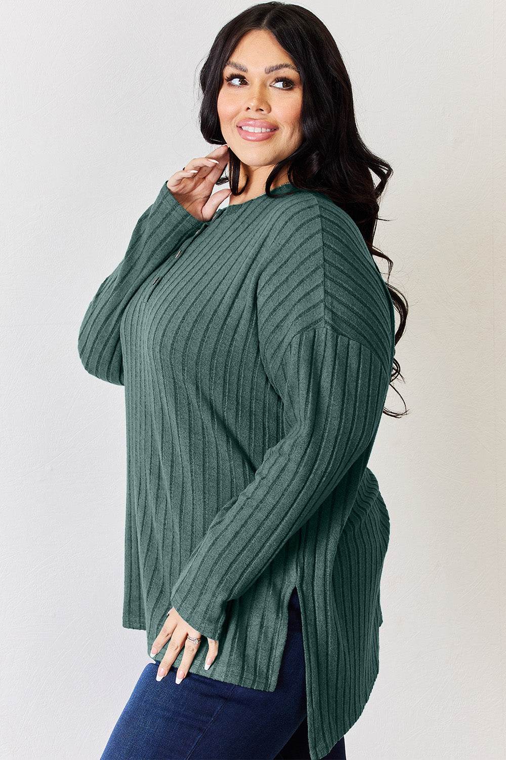 Basic Bae Full Size Ribbed Half Button Long Sleeve High-Low T-Shirt - DaTrendStore.Com