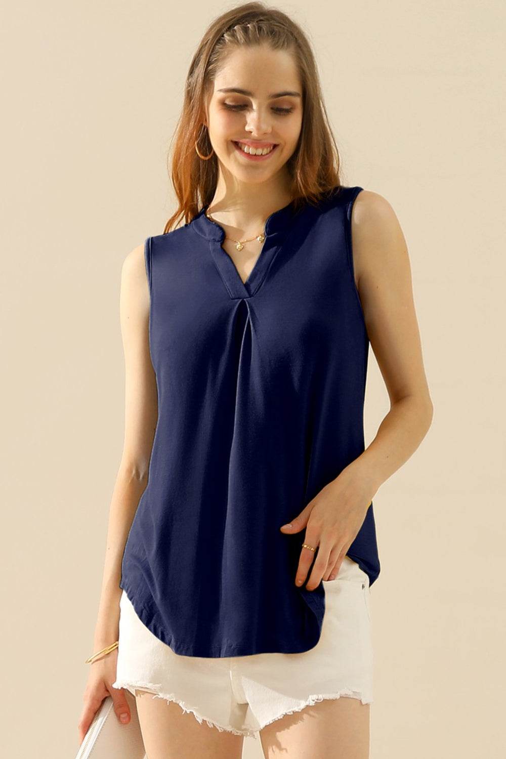 Ninexis Full Size Notched Sleeveless Top - DaTrendStore.Com
