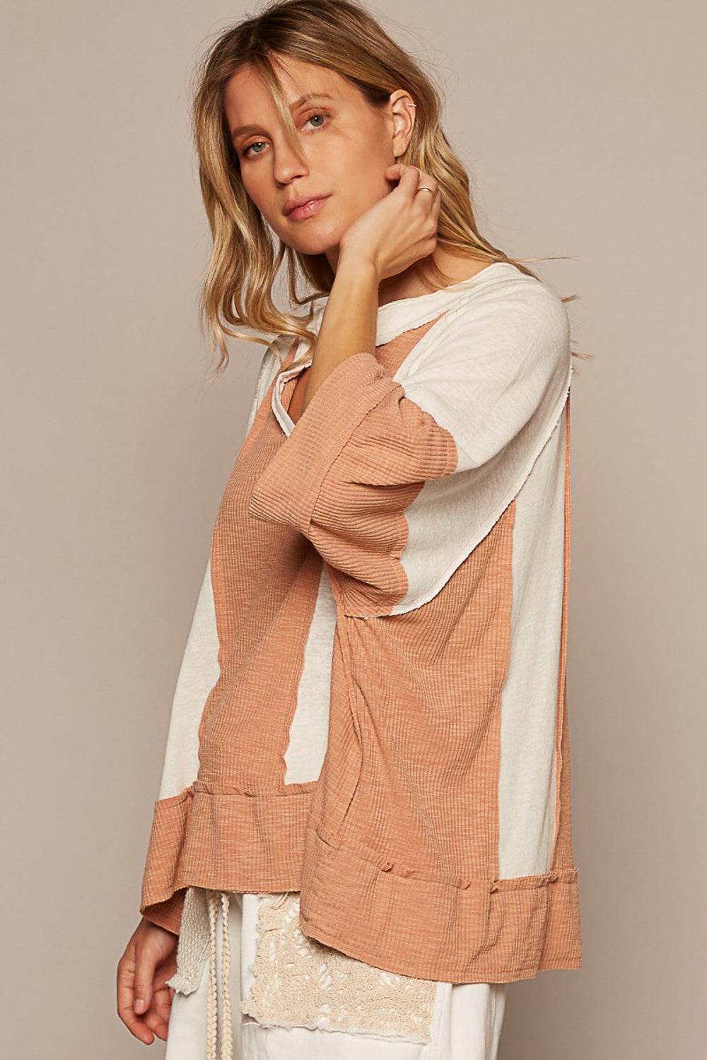 POL Notched Frayed Edge Contrast Top - DaTrendStore.Com