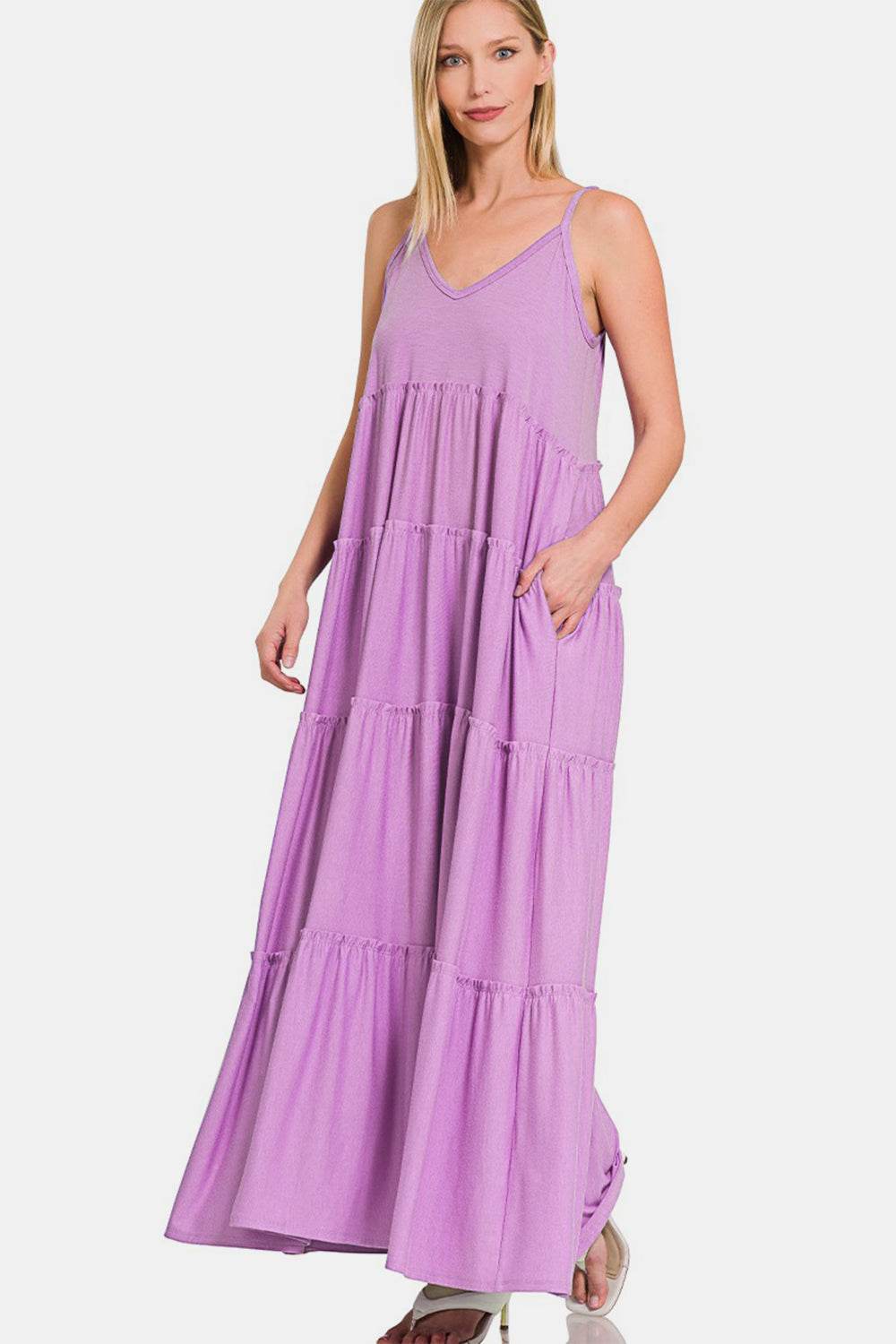 Zenana Frill Tiered V-Neck Maxi Cami Dress - DaTrendStore.Com
