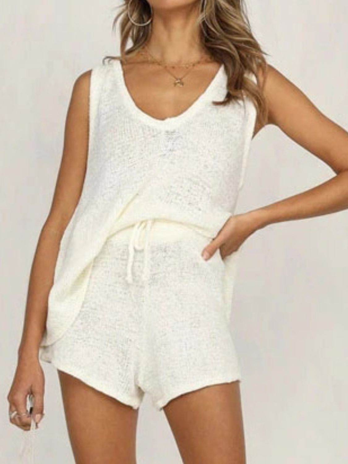 V-Neck Sleeveless Top and Drawstring Shorts Sweater Set - DaTrendStore.Com