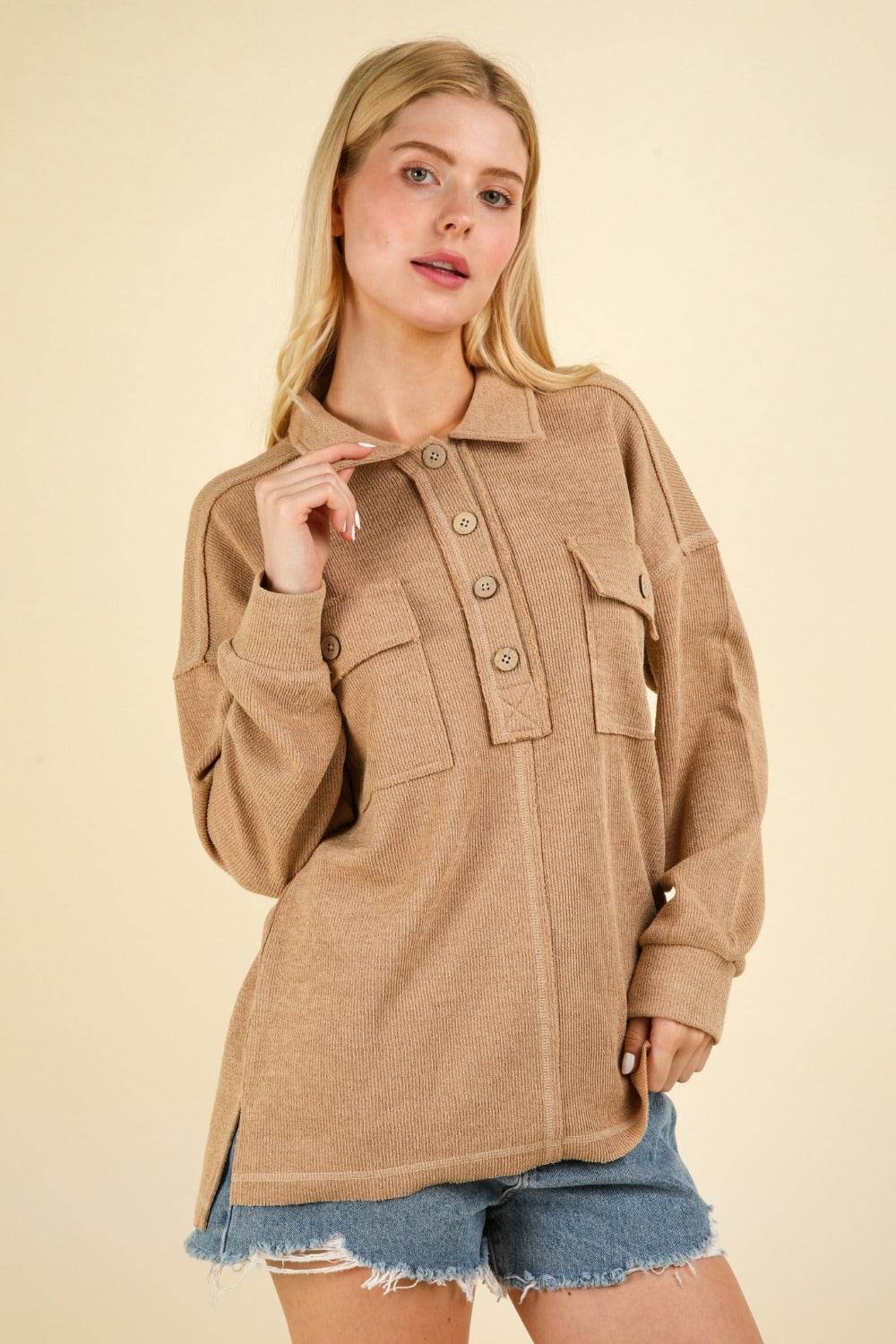 VERY J Collared Half Button Knit Top with Pockets - DaTrendStore.Com