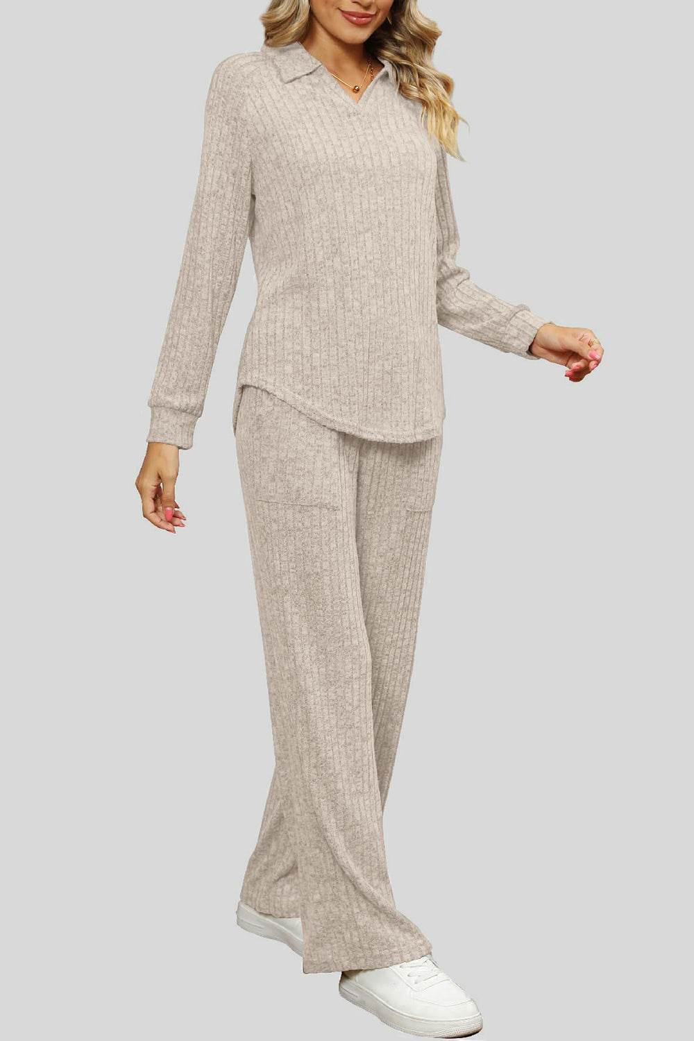 Ribbed Long Sleeve Top and Pocketed Pants Set - DaTrendStore.Com