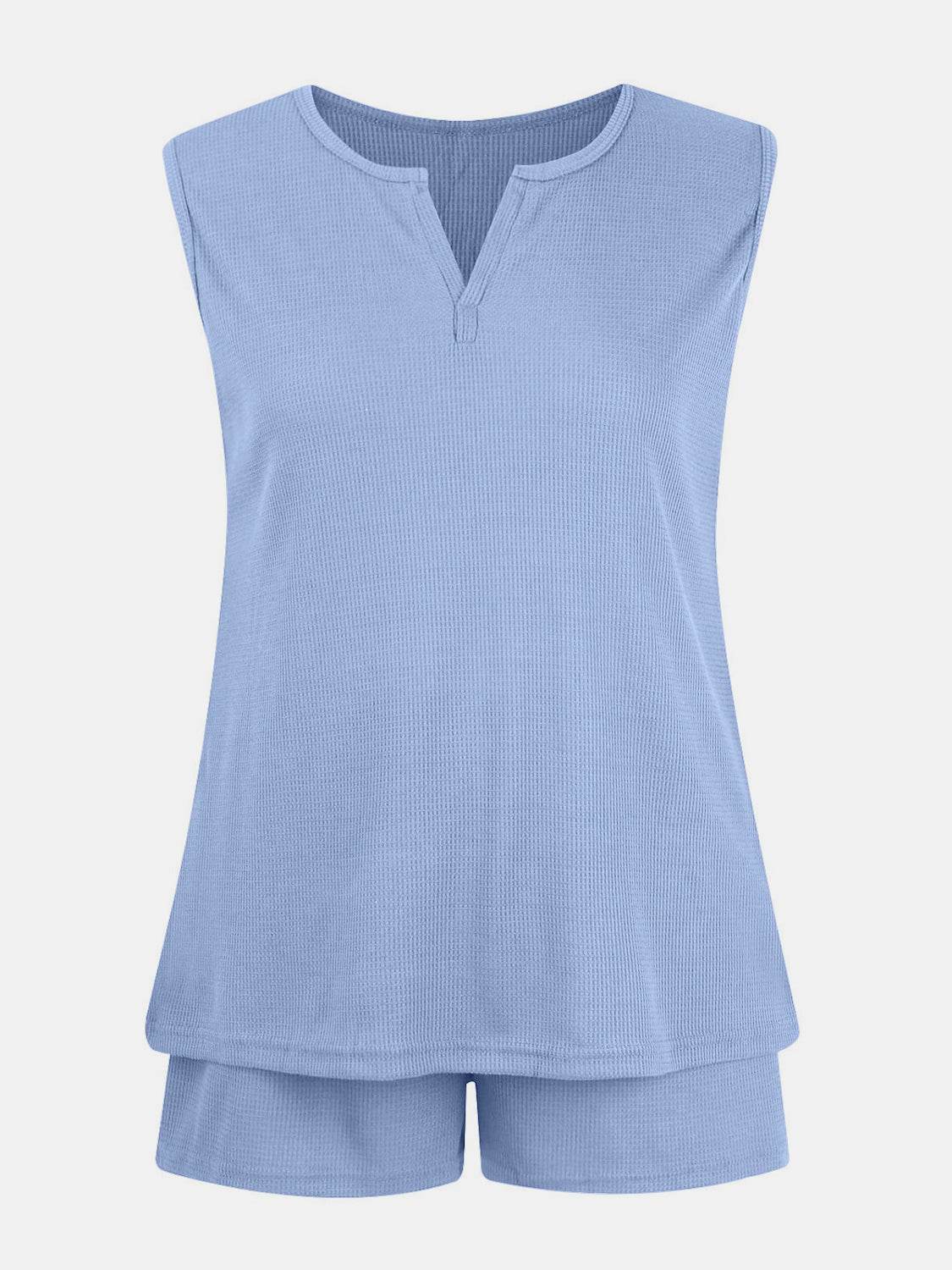 Full Size Waffle-Knit Notched Top and Shorts Set - DaTrendStore.Com