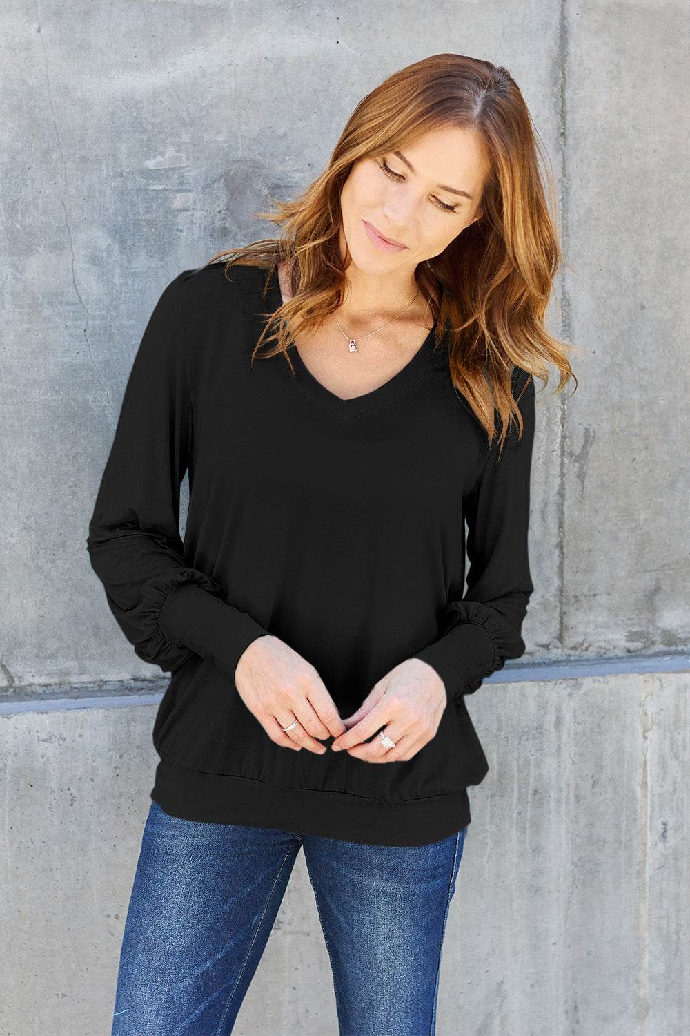 Basic Bae Full Size V-Neck Lantern Sleeve Top - DaTrendStore.Com