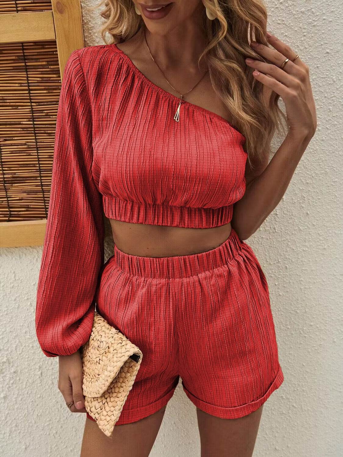Honey One Shoulder Long Sleeve Top and Shorts Set - DaTrendStore.Com