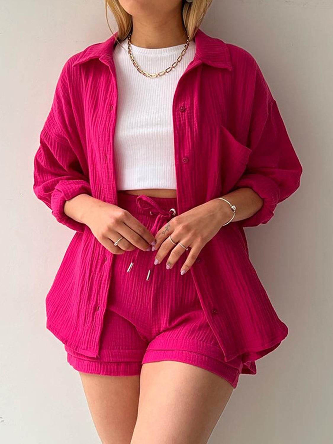 Texture Button Up Shirt and Drawstring Shorts Set - DaTrendStore.Com