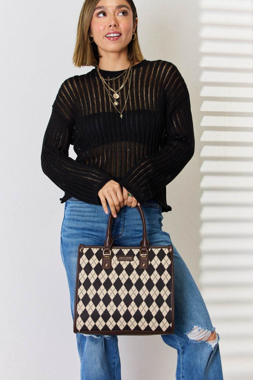 David Jones Argyle Pattern PU Leather Handbag - DaTrendStore.Com