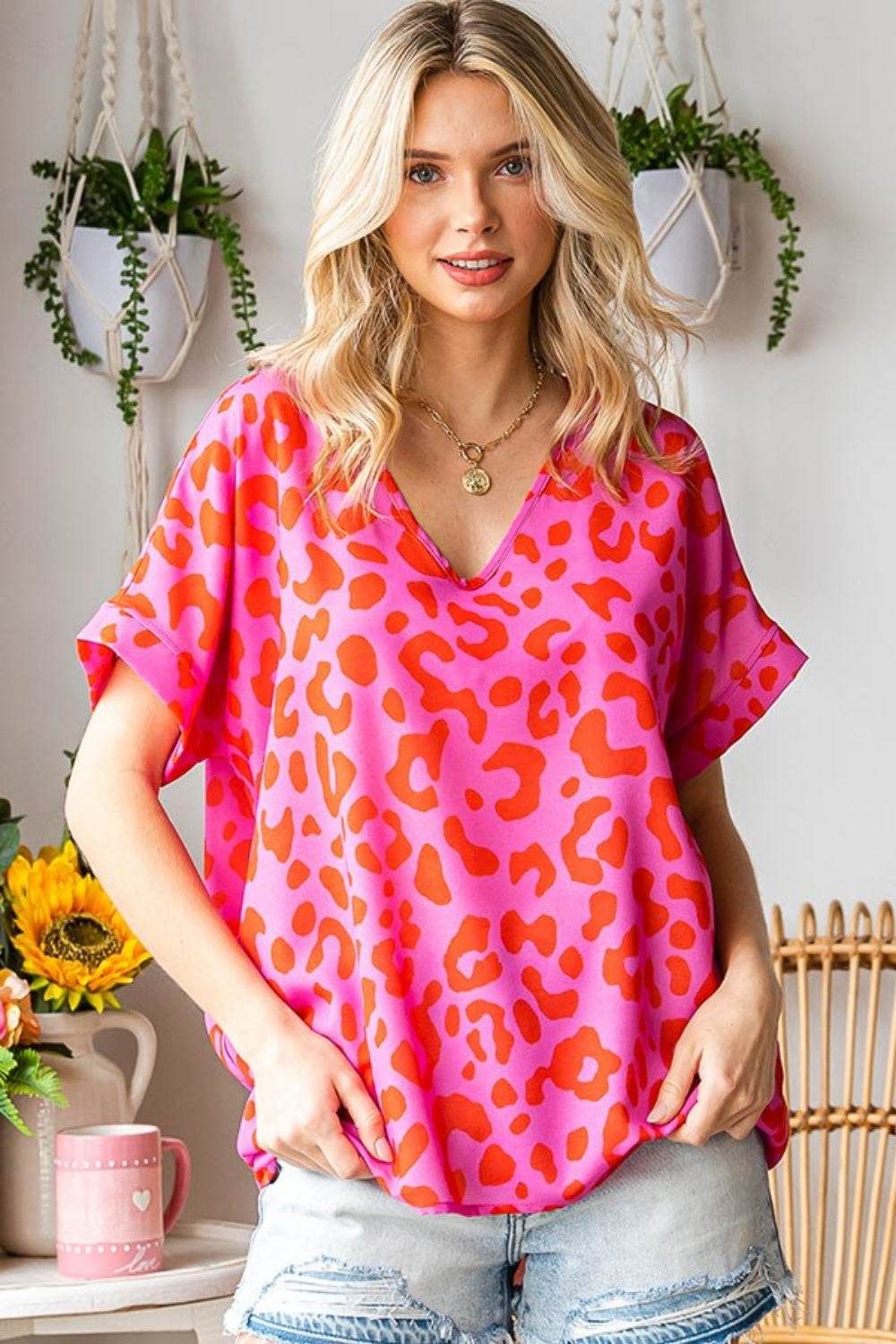 First Love Leopard V-Neck Short Sleeve Woven Top - DaTrendStore.Com