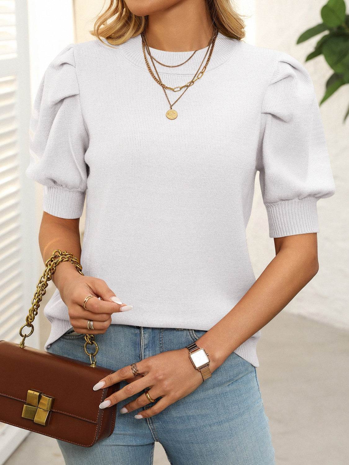 Mandy Mock Neck Puff Sleeve Sweater - DaTrendStore.Com