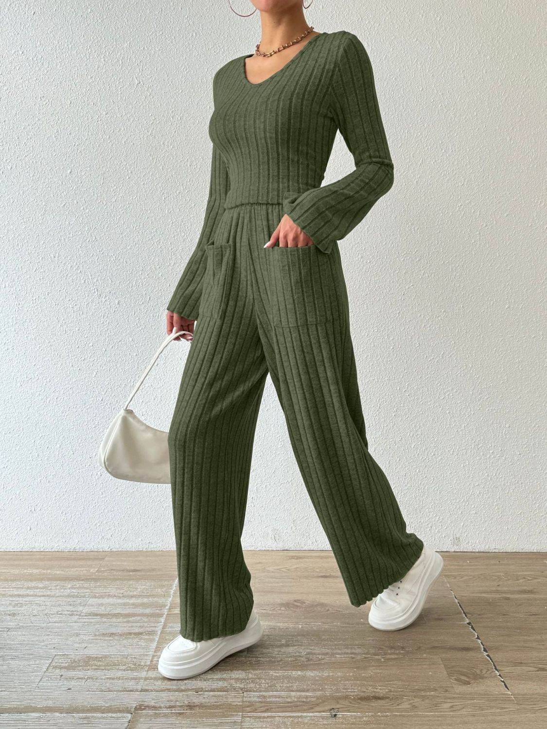 Ribbed V-Neck Long Sleeve Top and Pocketed Pants Set - DaTrendStore.Com