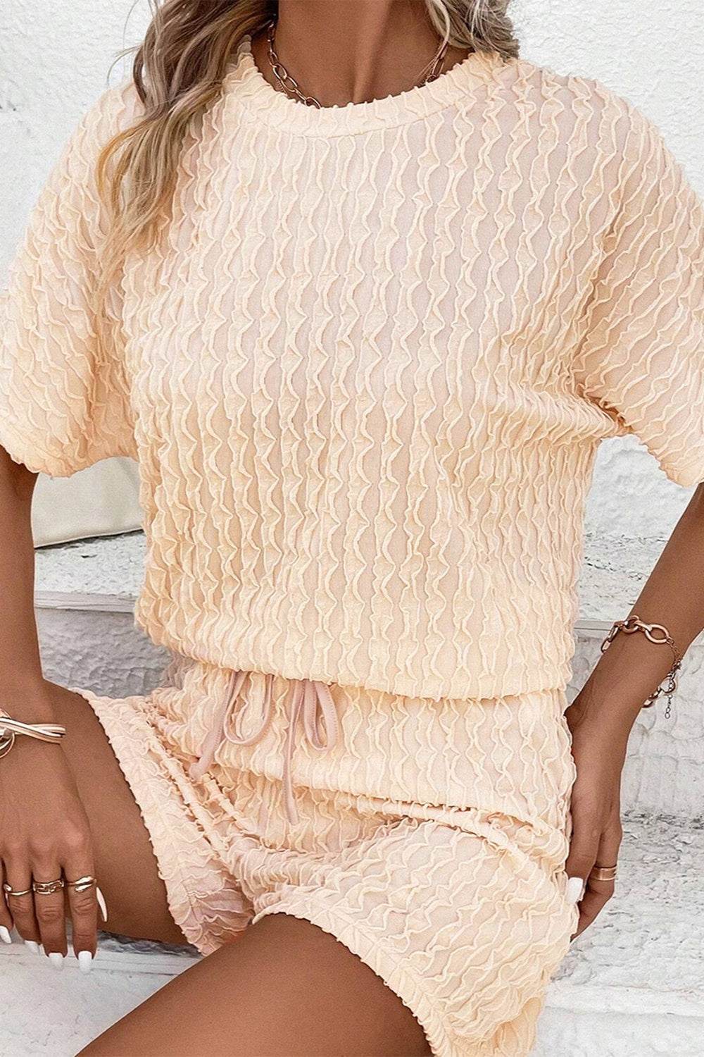 Textured Round Neck Top and Shorts Set - DaTrendStore.Com