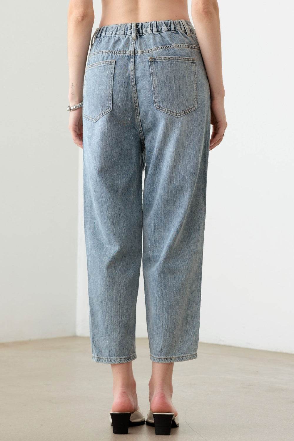 Litz La Washed Barrel Leg High Waist Distressed Jeans - DaTrendStore.Com