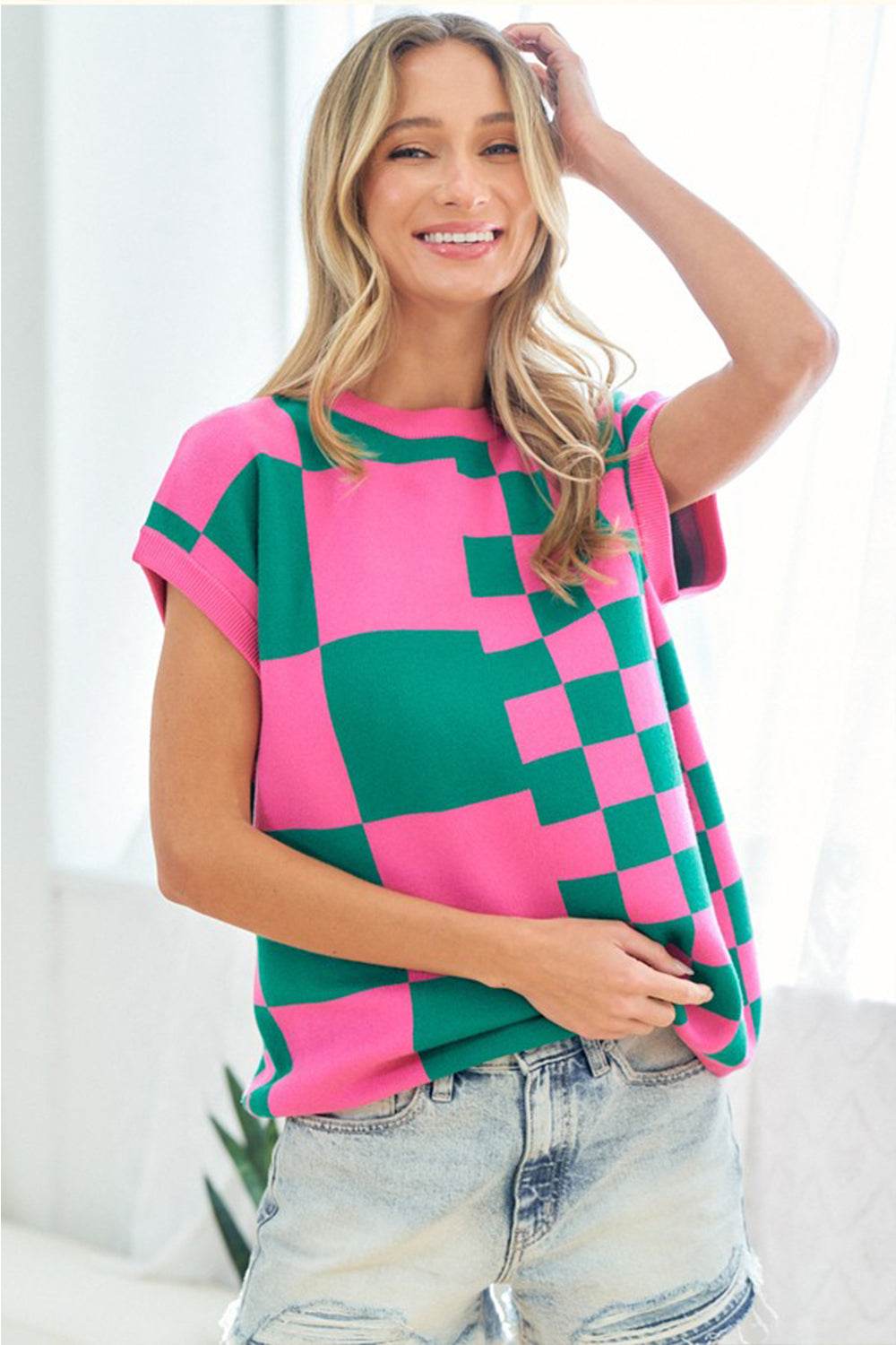 First Love Checkered Drop Shoulder Knit Top - DaTrendStore.Com