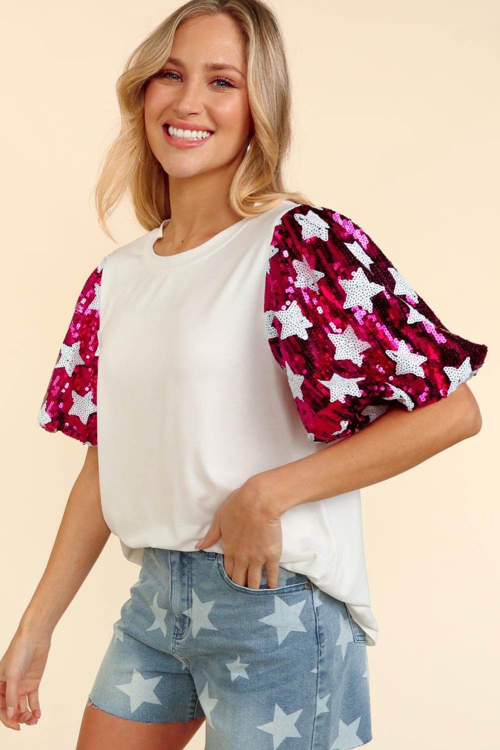 Haptics Star Sequin Bubble Short Sleeve Top - DaTrendStore.Com