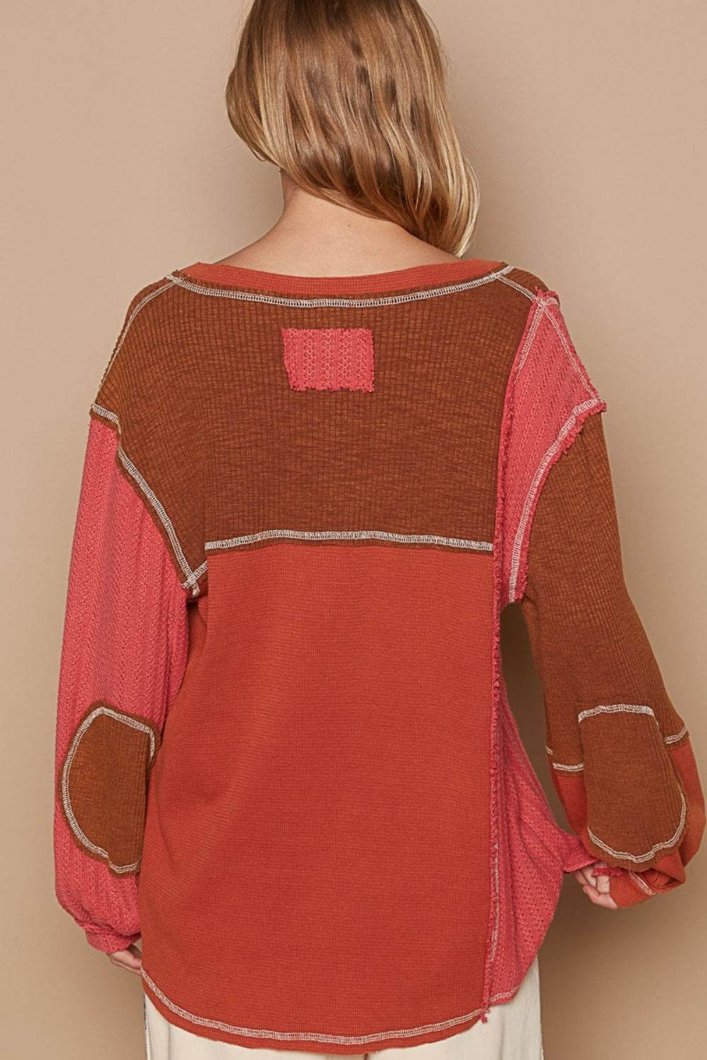 POL V-Neck Knit Panel Exposed Seam Top - DaTrendStore.Com