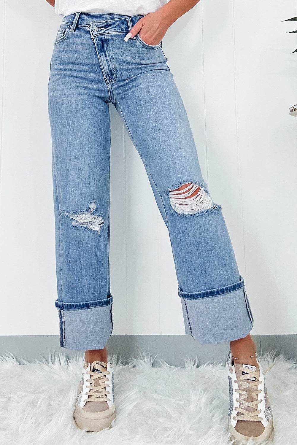 Distressed Straight Jeans with Pockets - DaTrendStore.Com