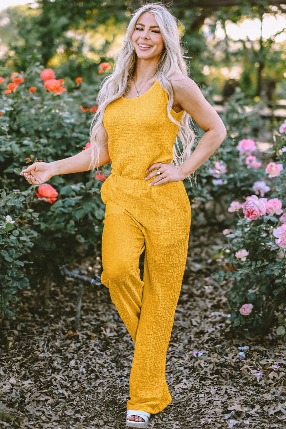 Textured Round Neck Top and Wide Leg Pants Set - DaTrendStore.Com