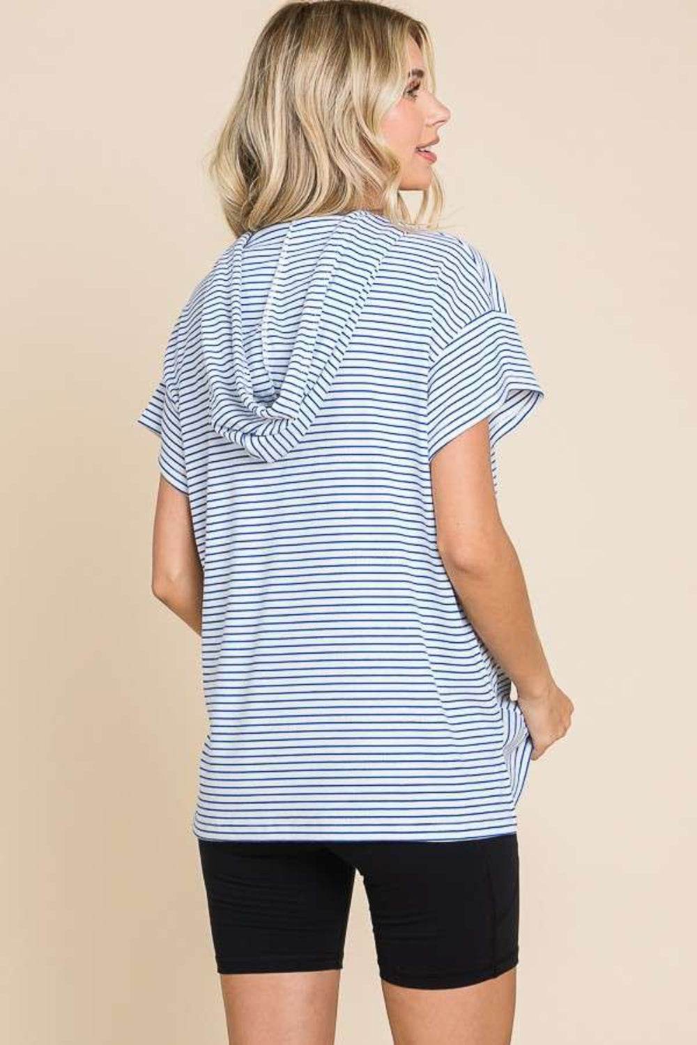 Culture Code Full Size Striped Short Sleeve Hooded Top - DaTrendStore.Com