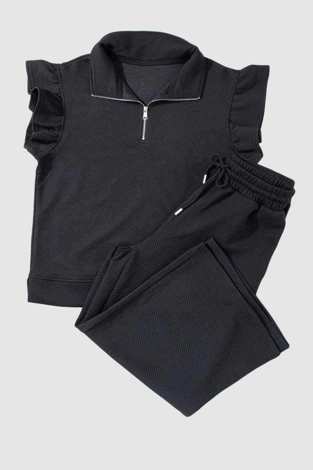 Ruffled Quarter Zip Top and Drawstring Pants Set - DaTrendStore.Com