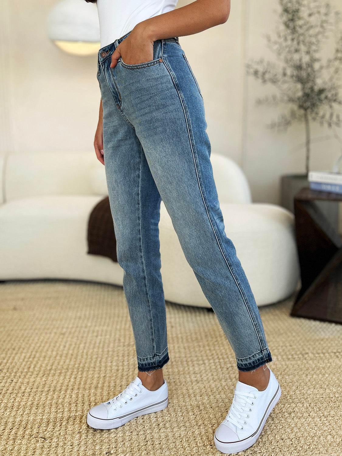 Judy Blue Full Size Mid Rise Rigid Magic Release Hem Jeans - DaTrendStore.Com