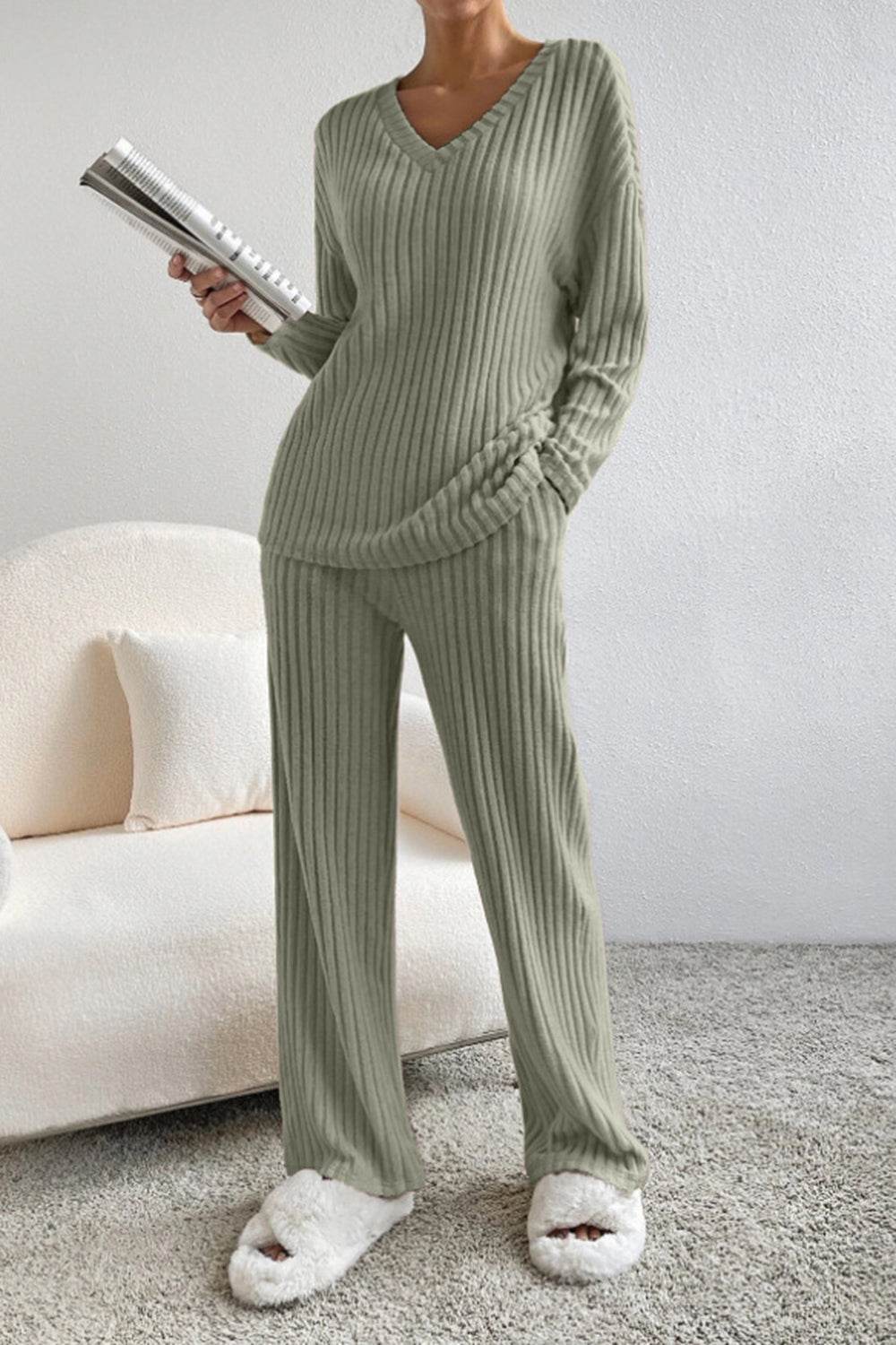 Ribbed V-Neck Top and Pants Set - DaTrendStore.Com