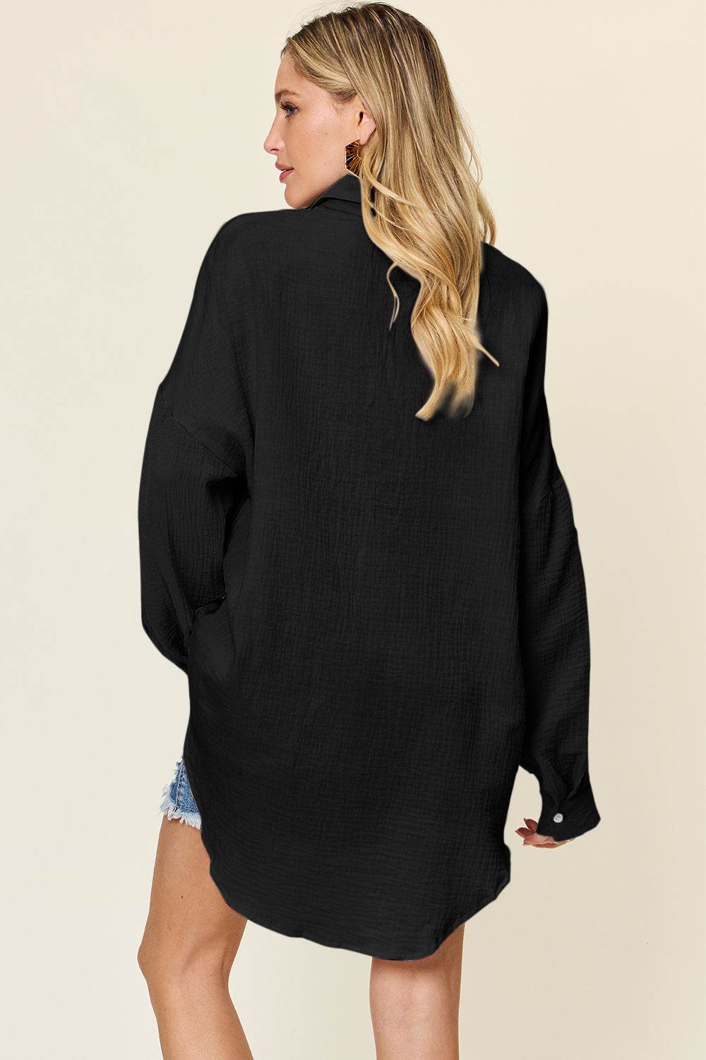 Double Take Full Size Pocketed Texture Button Up Shirt - DaTrendStore.Com